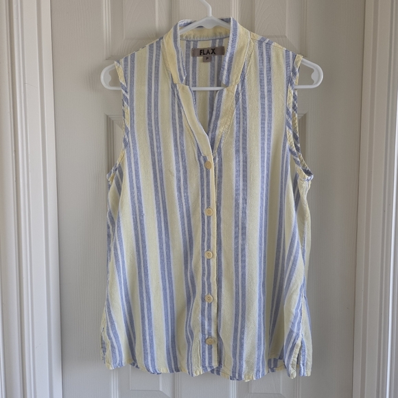Flax Tops - FLAX Viscose Linen Blend Sleeveless Striped Shirt Butter Yellow Blue Size Small
